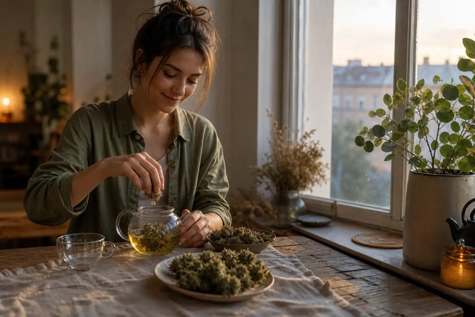 Quelqu'un dispose un objet, autour d'une infusion de chanvre et ses fleurs séchées, près d'une fenêtre.