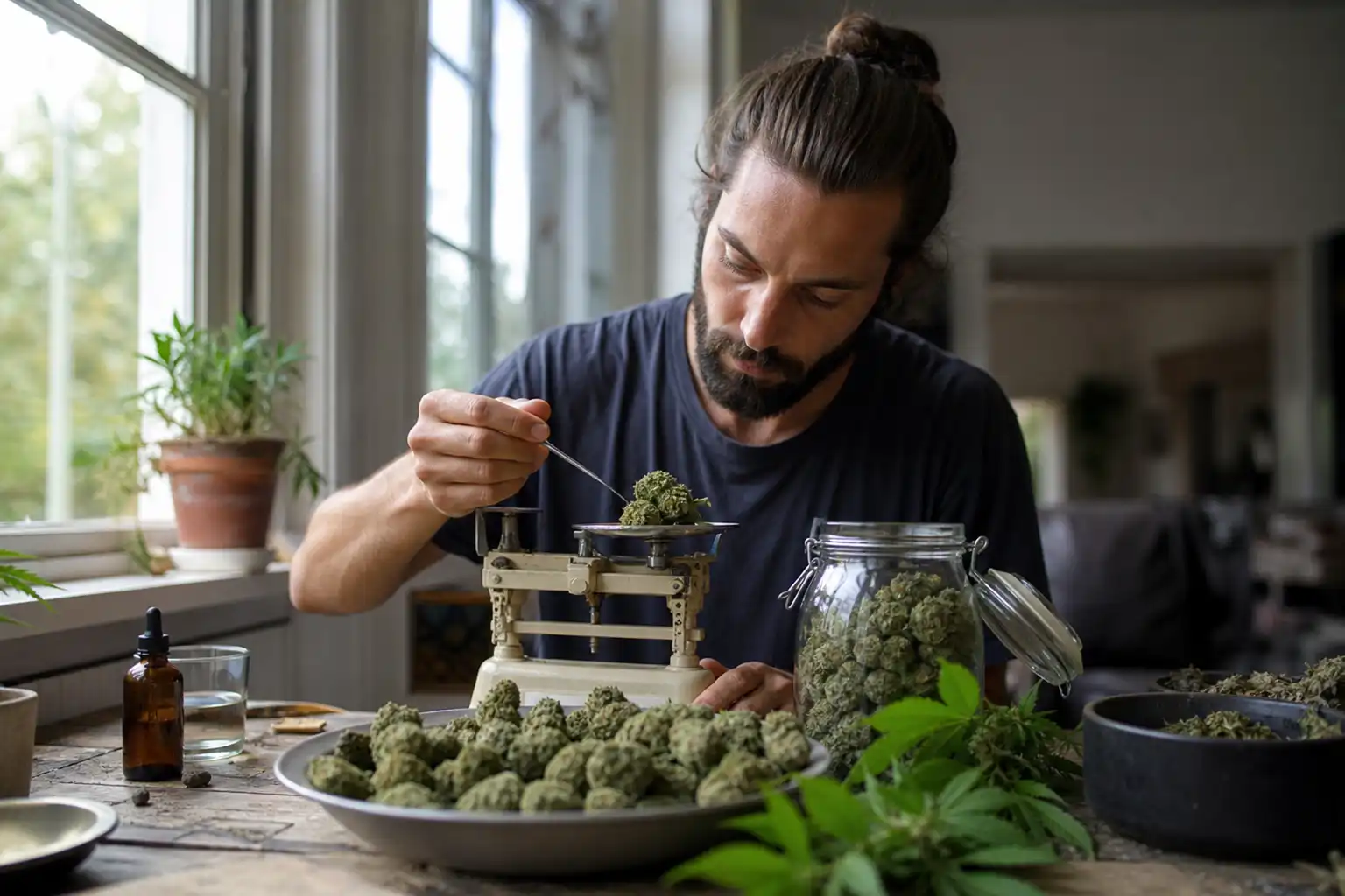 Quelqu'un dose quelque chose, autour de cbd chanvre cannabis, près d'une fenêtre.