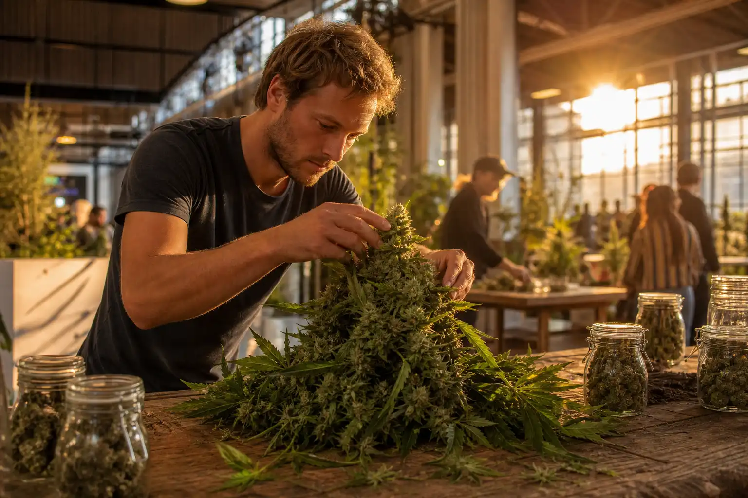 Quelqu'un prépare quelque chose, autour de cbd expo france, près d'une table en bois.