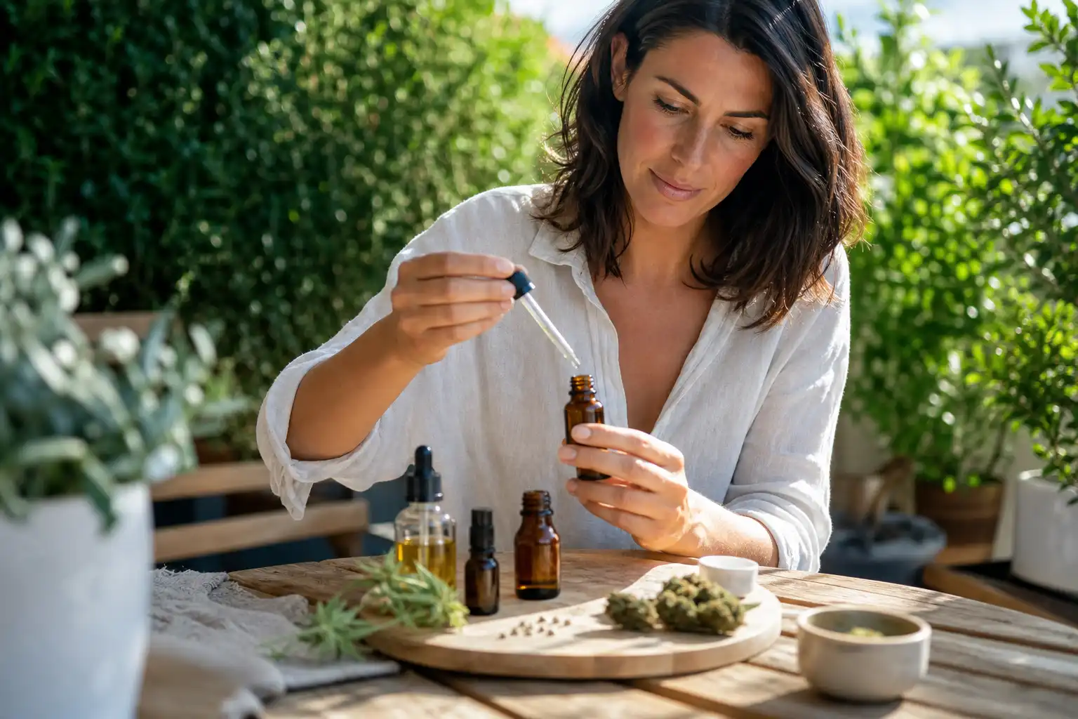 Quelqu'un dose quelque chose, autour d'effets bienfaits cbd, dans un jardin.