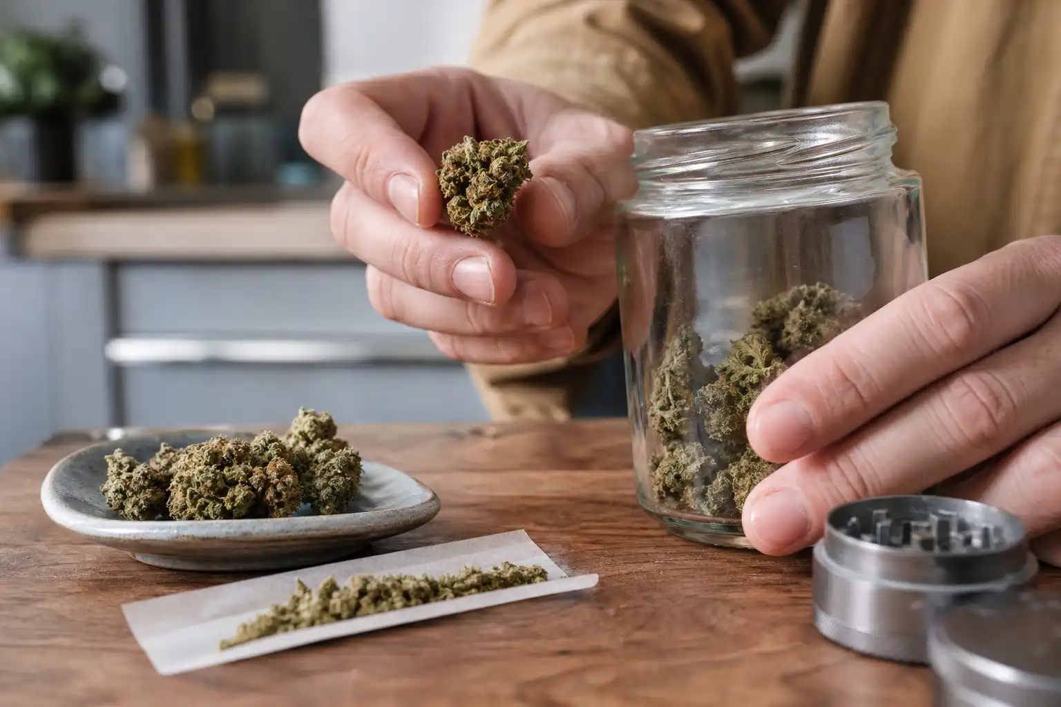 Des mains disposent un objet, autour de cbd drogue médicament, dans une cuisine.