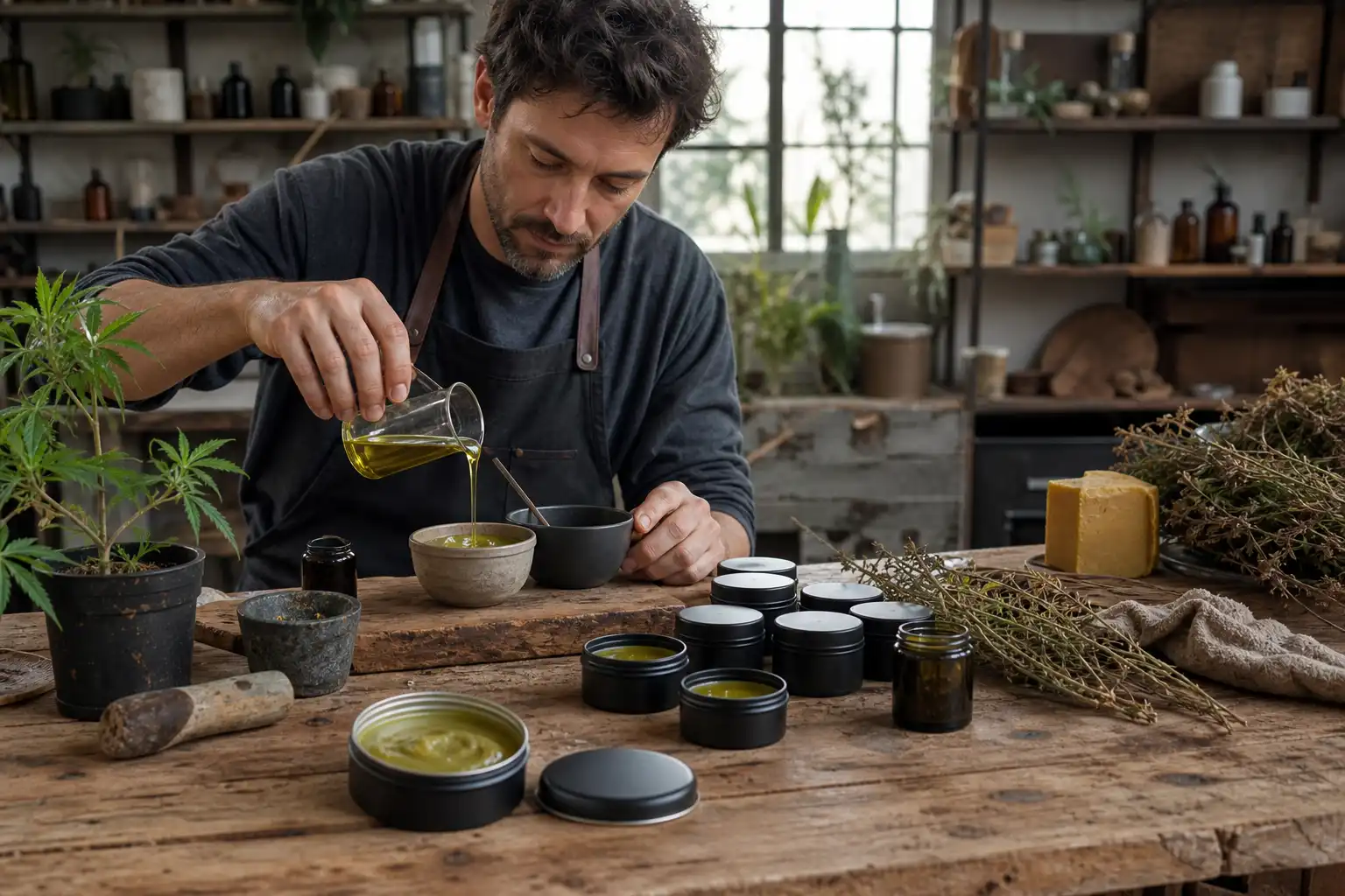 Quelqu'un prépare quelque chose, autour de baume cbd relaxant, dans un atelier.