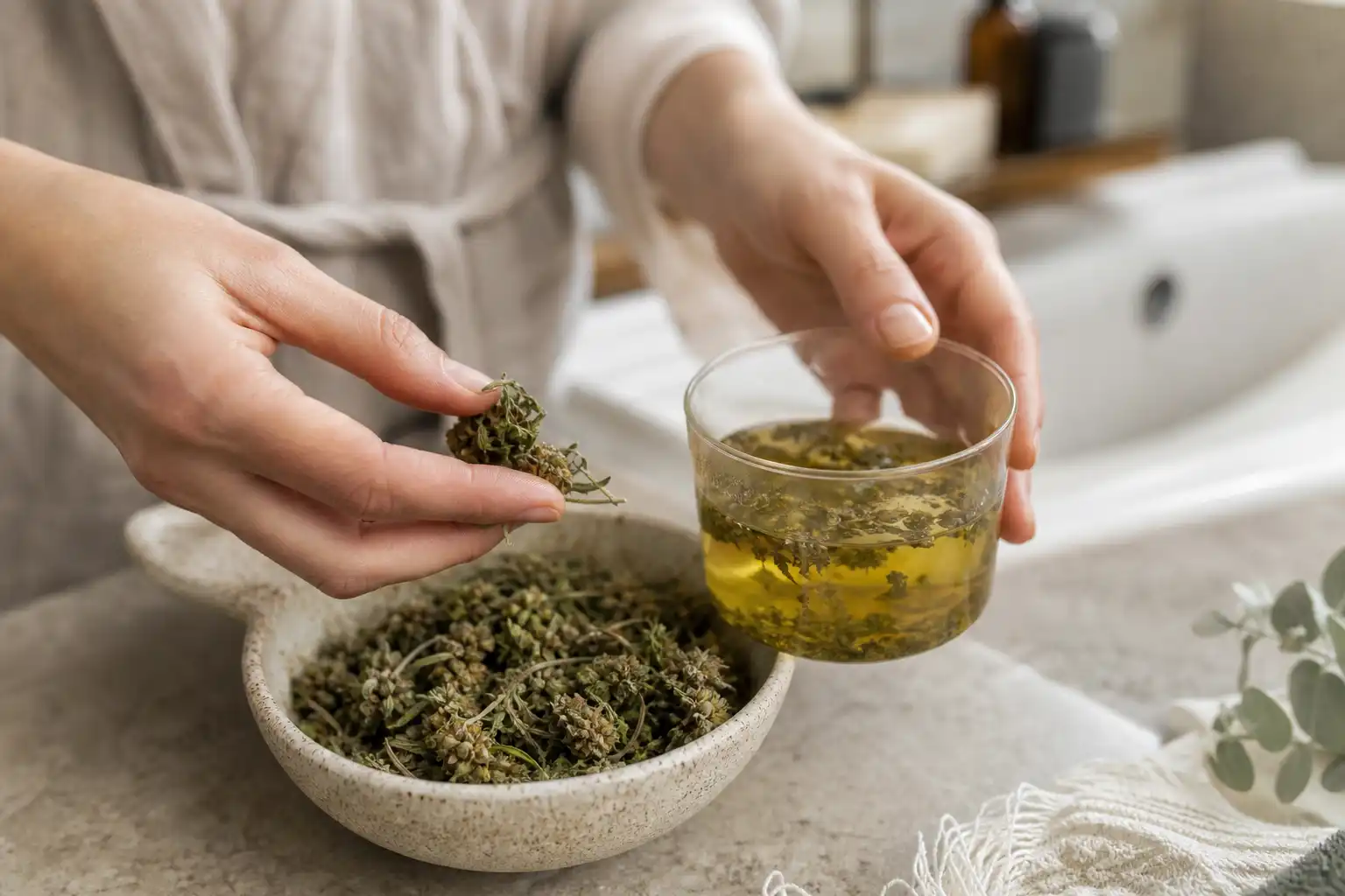 Des mains manipulent un objet, autour d'une infusion de chanvre et ses fleurs séchées, dans une salle de bain.