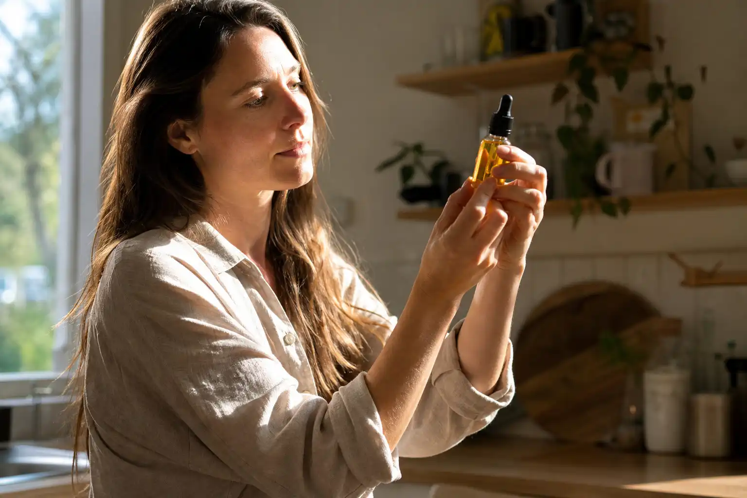 Quelqu'un examine un objet, autour de bienfaits thérapeutiques cbd, dans une cuisine.