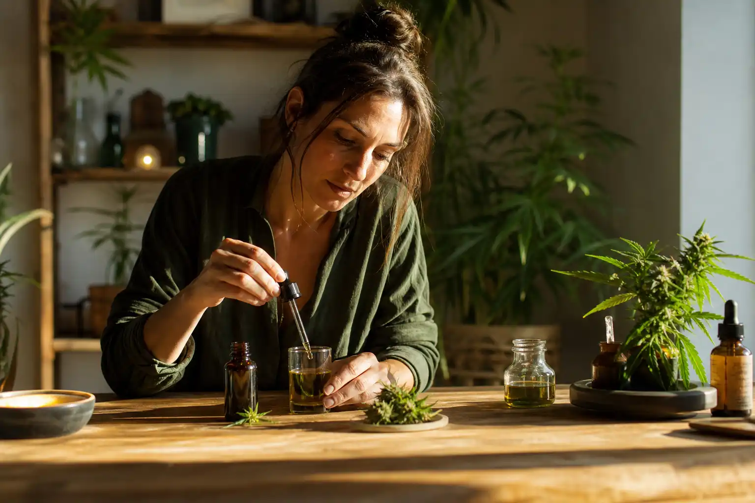 Quelqu'un dose quelque chose, autour de cbd santé bienfaits, près d'une table en bois.