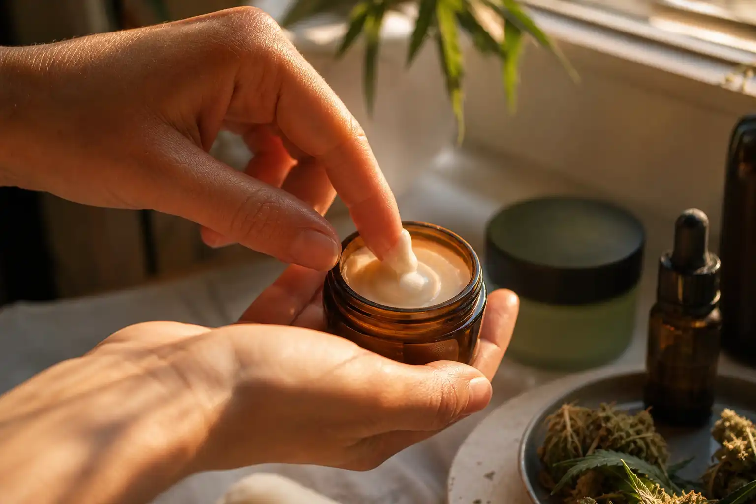 Des mains disposent un objet, autour de produits beauté cbd, près d'une fenêtre.