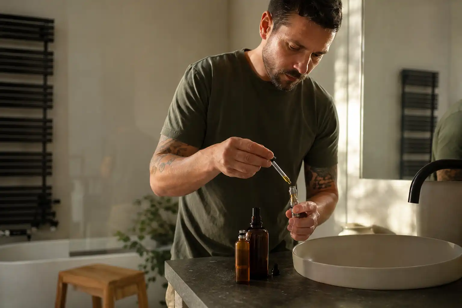 Quelqu'un prépare quelque chose, autour de liquide cbd vape, dans une salle de bain.