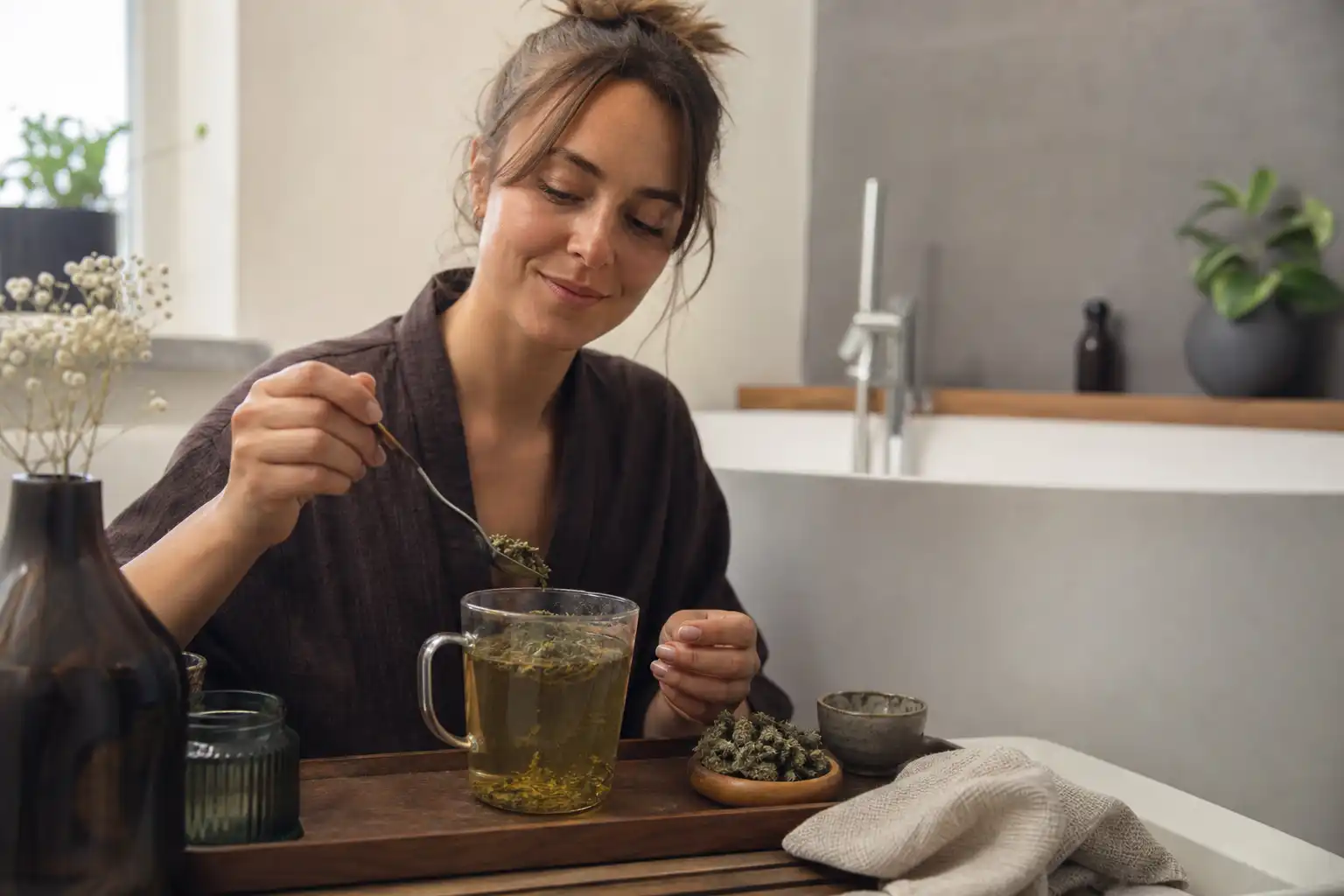 Quelqu'un manipule un objet, autour d'une infusion de chanvre et ses fleurs séchées, dans une salle de bain.