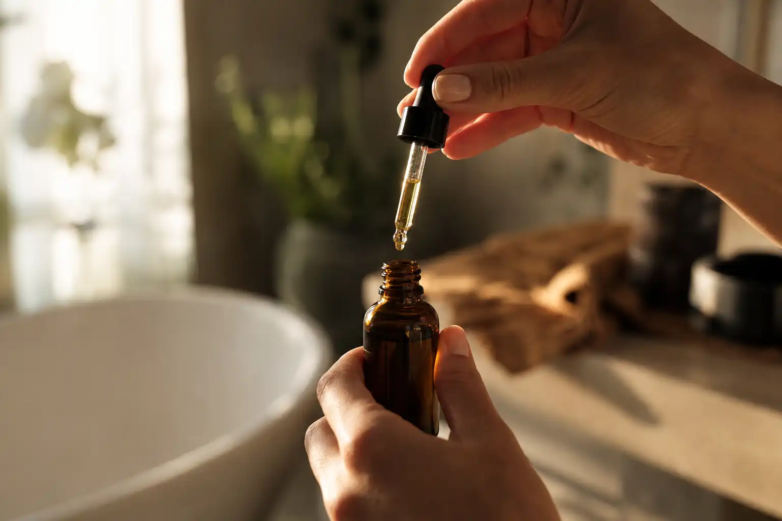Des mains examinent un objet, autour de cbd animaux regroupe, dans une salle de bain.