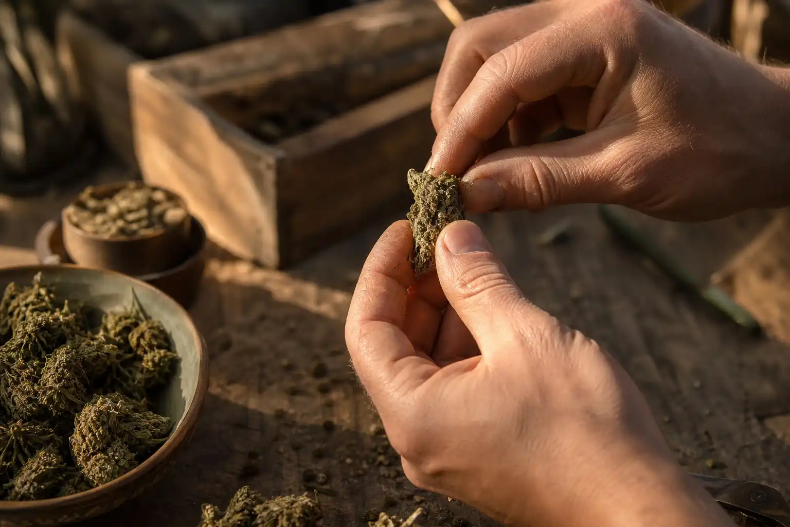 Des mains préparent quelque chose, autour de prendre cbd motivations, dans un atelier.