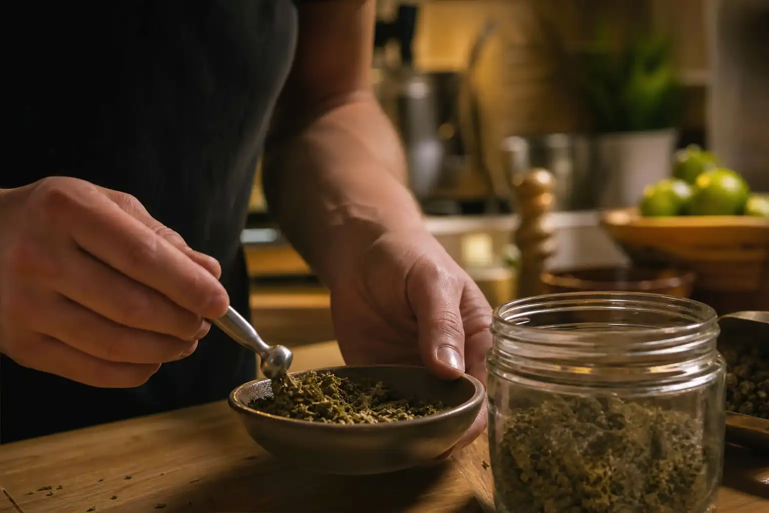 Des mains dosent quelque chose, autour d'abécédaire cbd définitions, dans une cuisine.