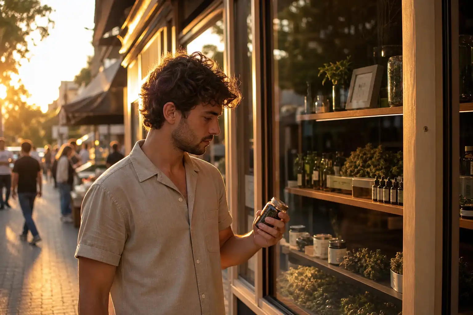 Quelqu'un examine un objet, autour de boutiques cbd repérer, près d'une fenêtre.