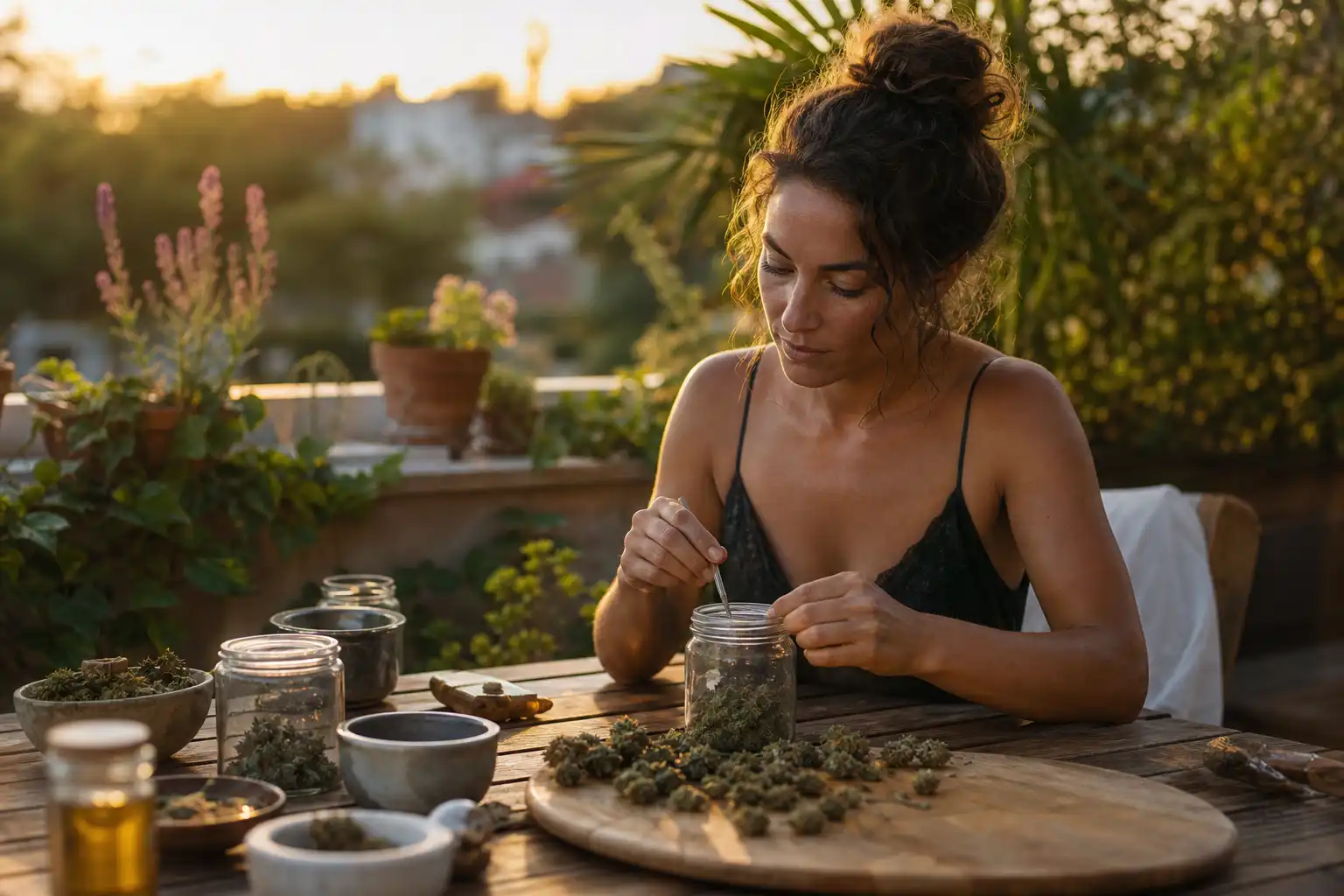 Quelqu'un prépare quelque chose, autour de cbd info repères, dans un jardin.