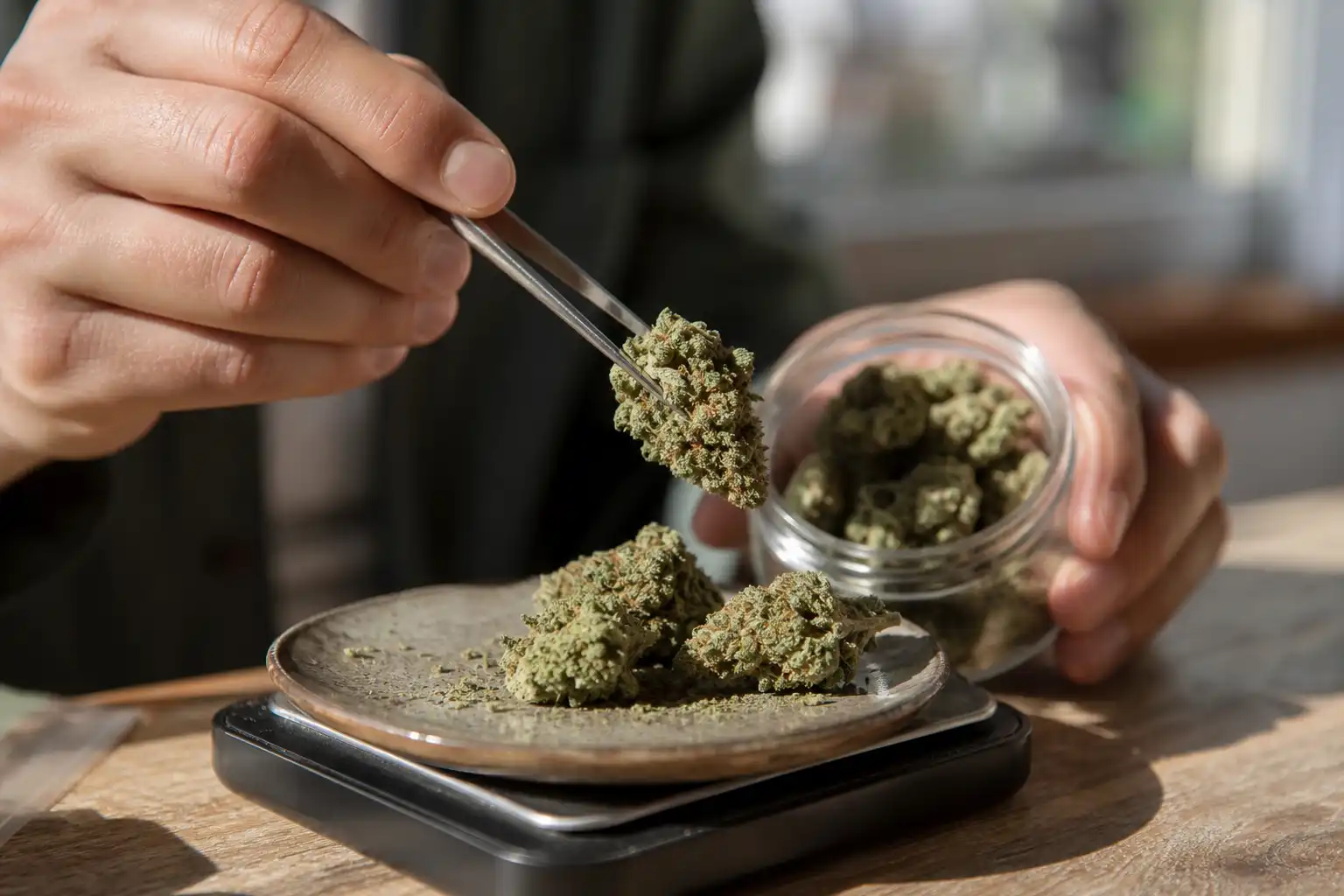 Des mains dosent quelque chose, autour de cbd chanvre cannabis, près d'une fenêtre.