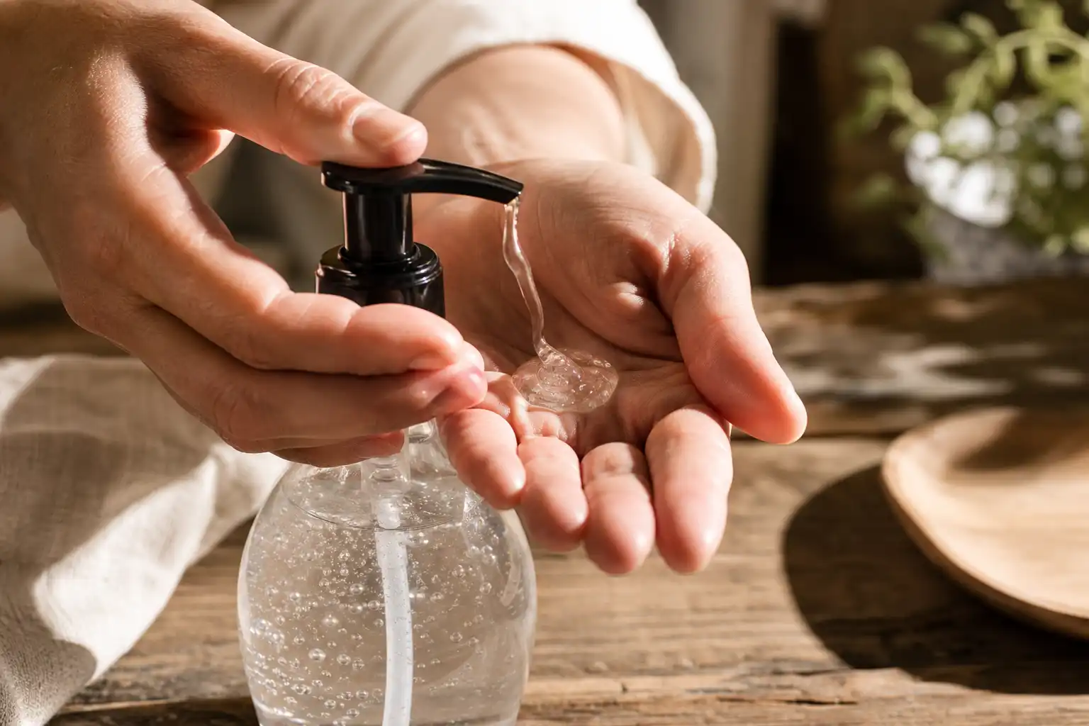 Des mains dosent quelque chose, autour de gel naturel désinfectant, près d'une table en bois.