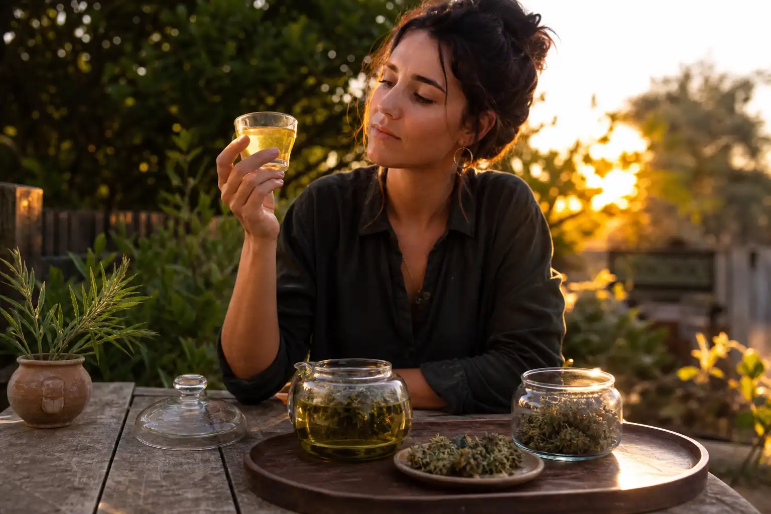 Quelqu'un examine un objet, autour d'une infusion de chanvre et ses fleurs séchées, dans un jardin.