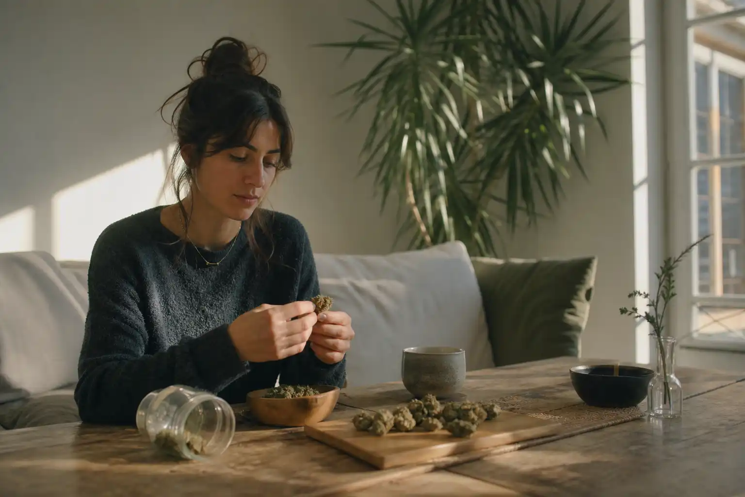 Quelqu'un manipule un objet, autour de cbd parle autant, près d'une table en bois.