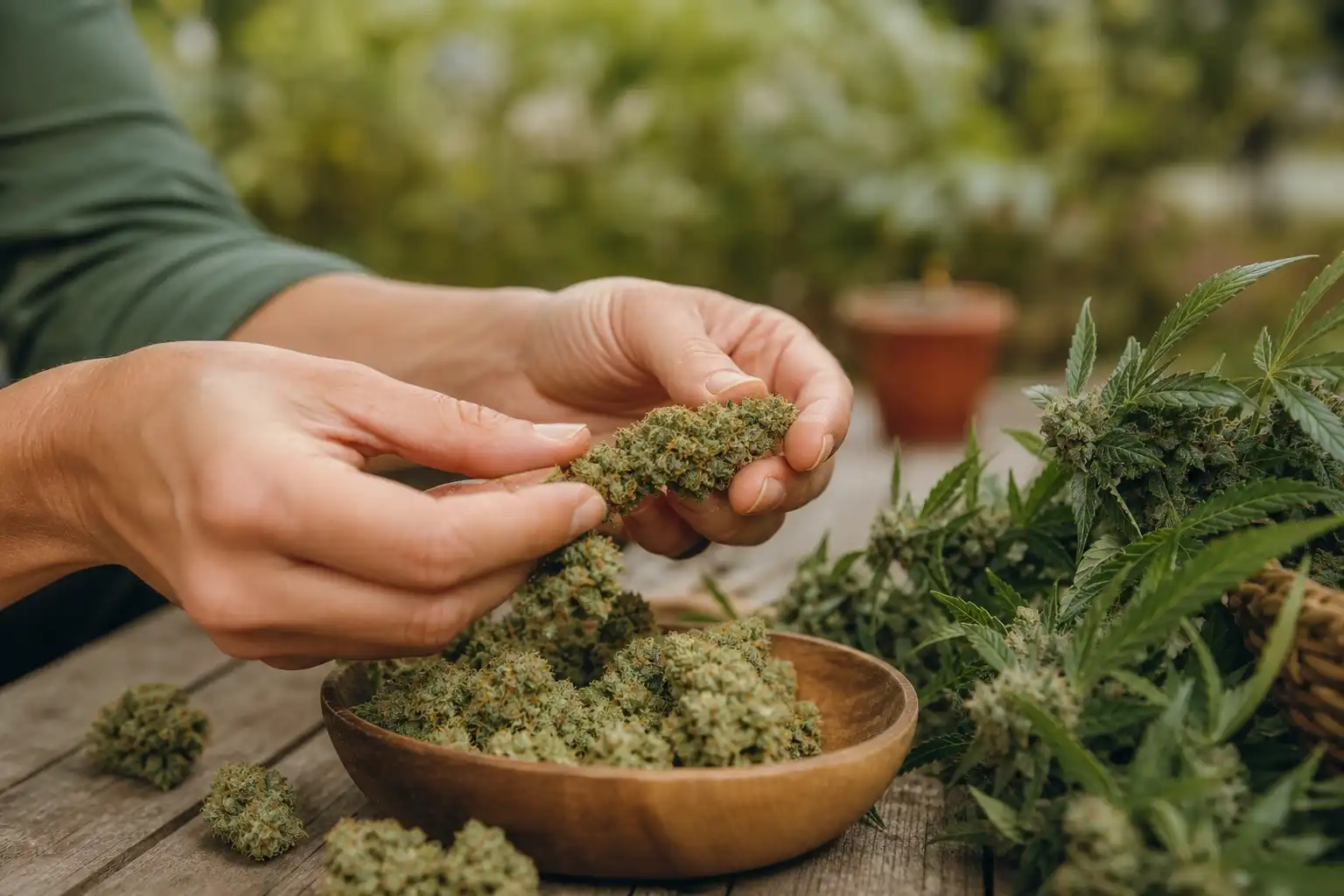 Des mains examinent un objet, autour de bienfaits cbd, dans un jardin.