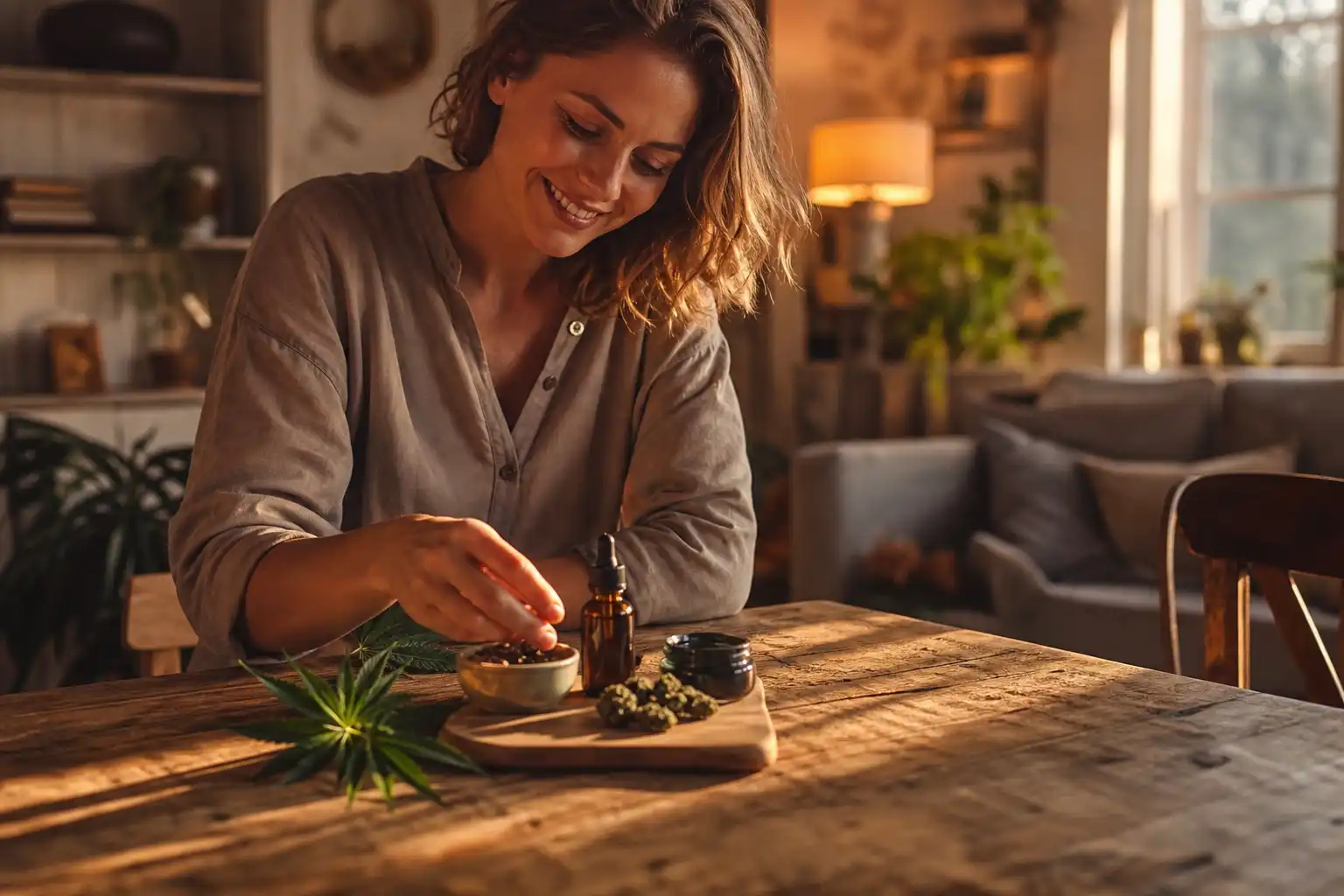 Quelqu'un dispose un objet, autour de cbd quotidien usages, près d'une table en bois.