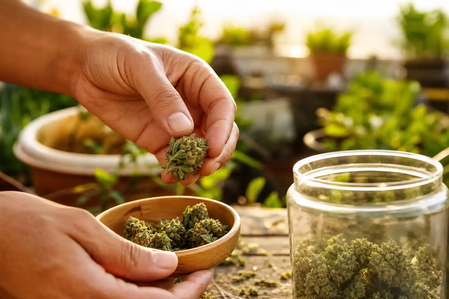 Des mains préparent quelque chose, autour de cbd info repères, dans un jardin.