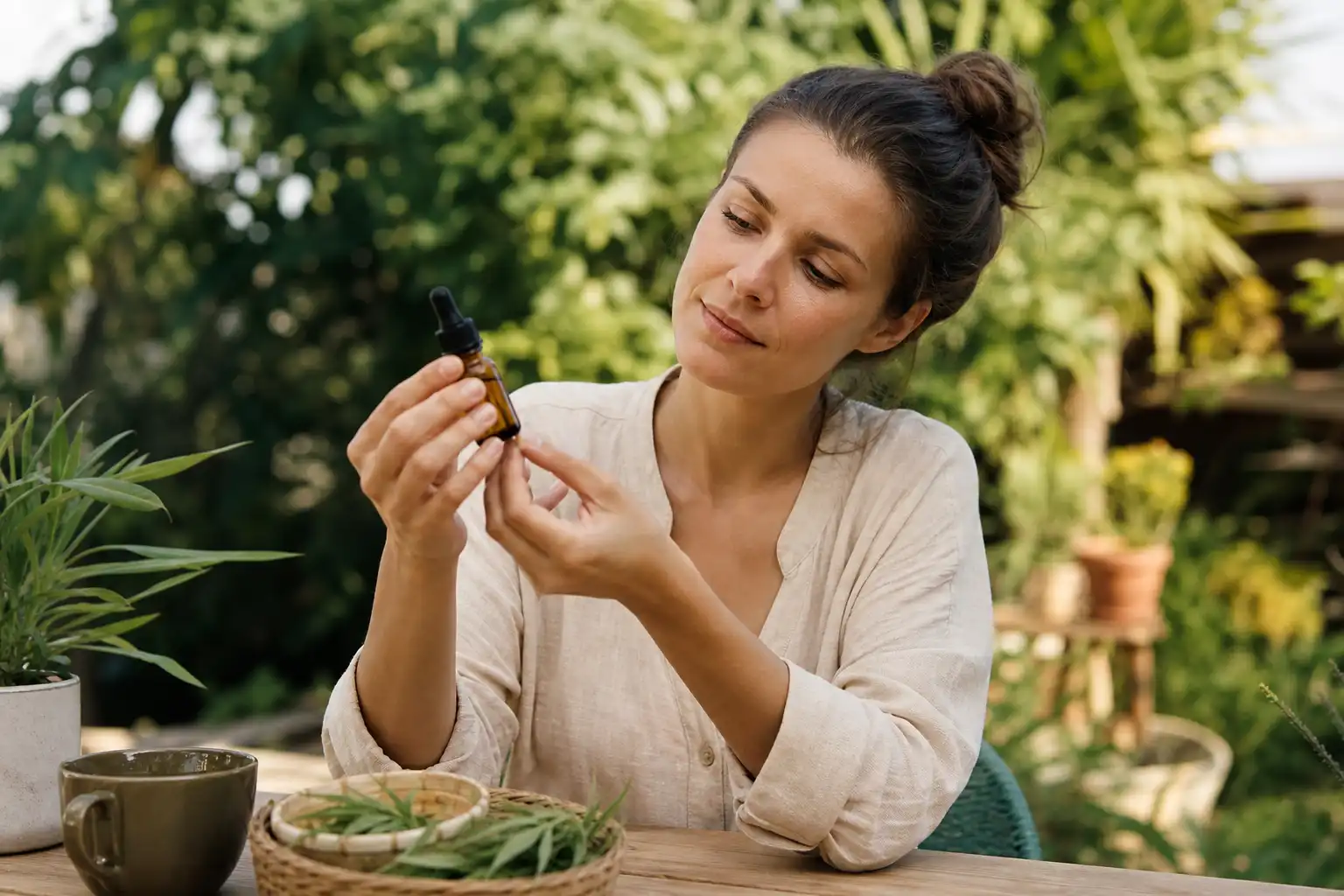 Quelqu'un examine un objet, autour de bienfaits cbd, dans un jardin.