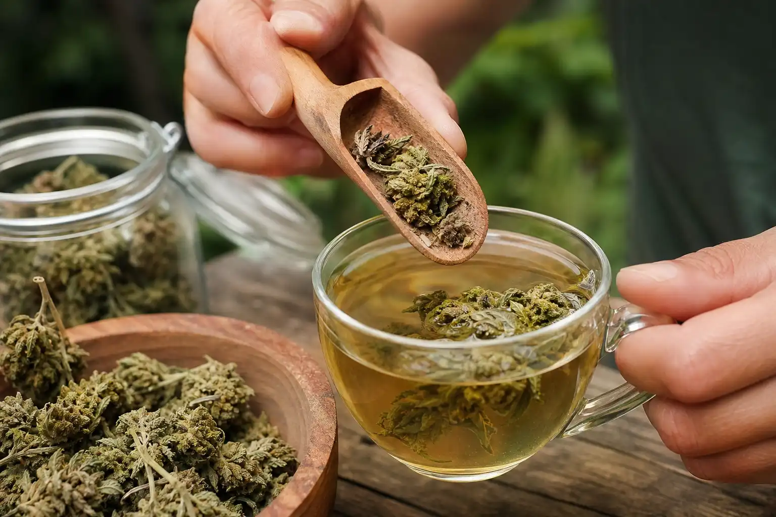 Des mains préparent quelque chose, autour d'une infusion de chanvre et ses fleurs séchées, dans un jardin.