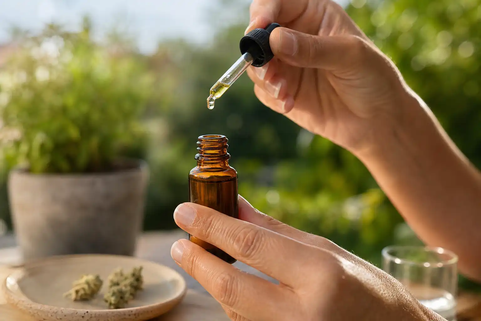 Des mains manipulent un objet, autour de cbd sommeil passer, dans un jardin.