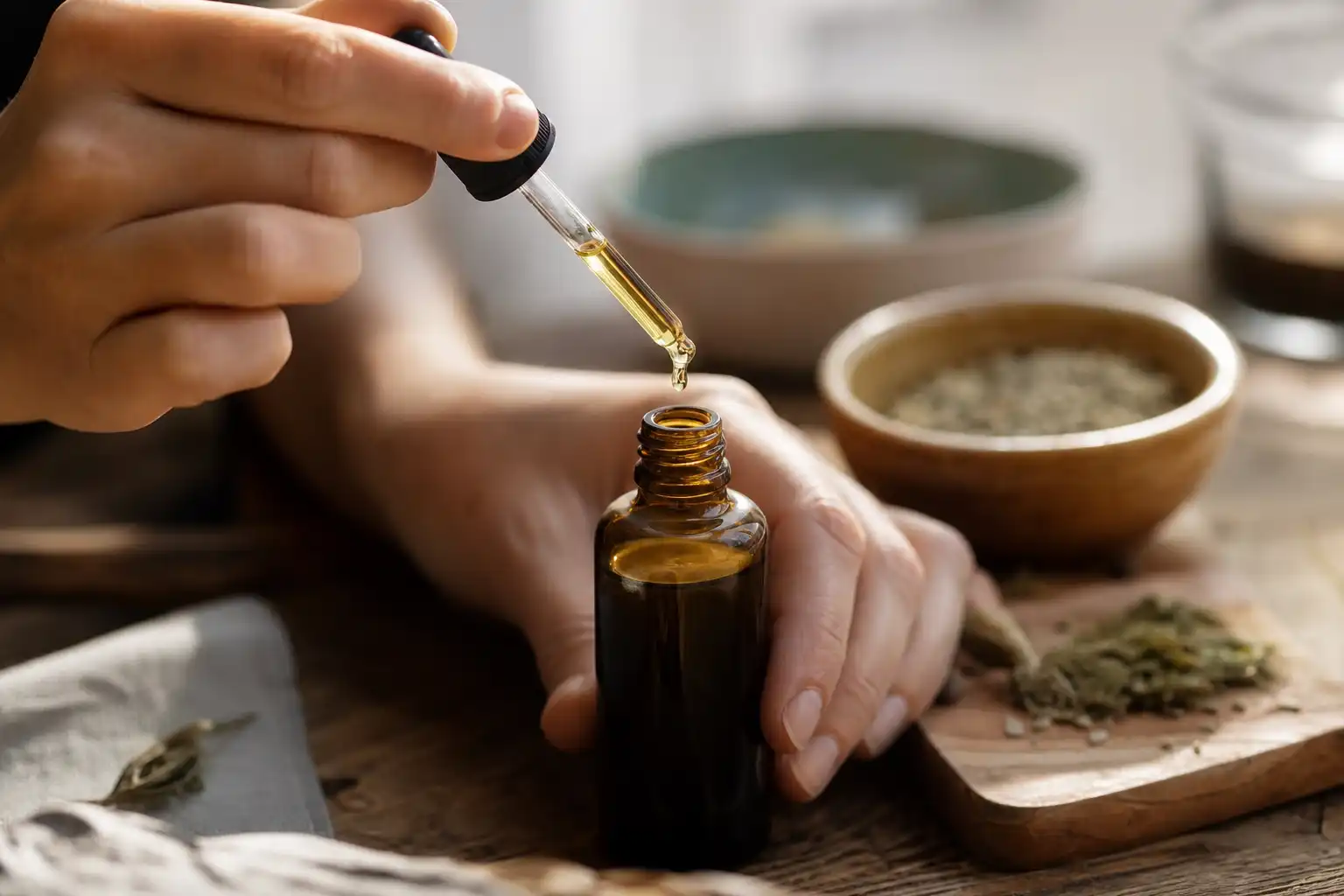 Des mains préparent quelque chose, autour d'équilibre cbd lance, dans une cuisine.