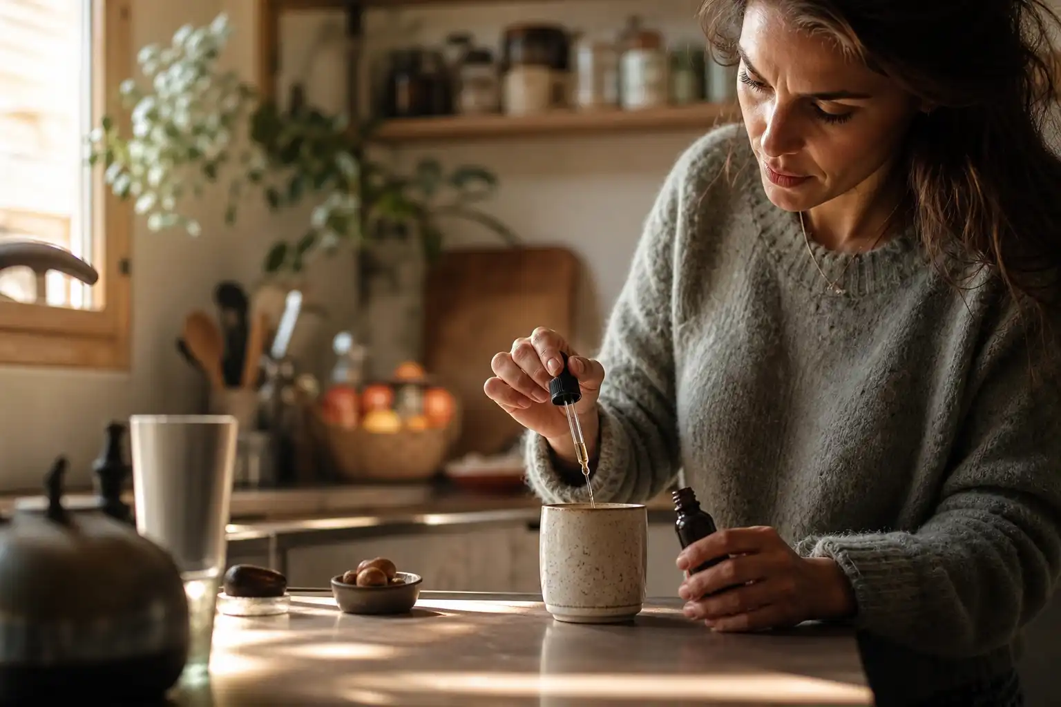 Quelqu'un prépare quelque chose, autour d'équilibre cbd lance, dans une cuisine.