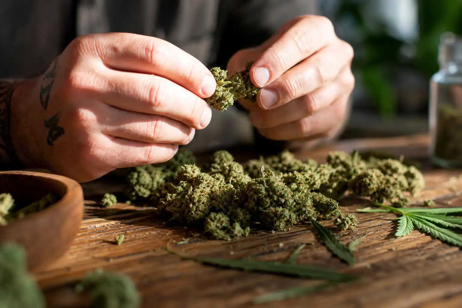 Des mains manipulent un objet, autour de cbd parle autant, près d'une table en bois.
