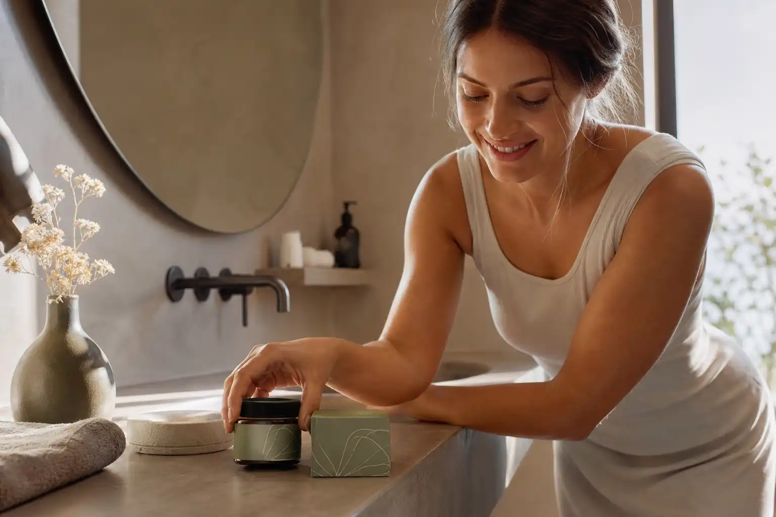 Quelqu'un dispose un objet, autour de sensiness cbd pensé, dans une salle de bain.