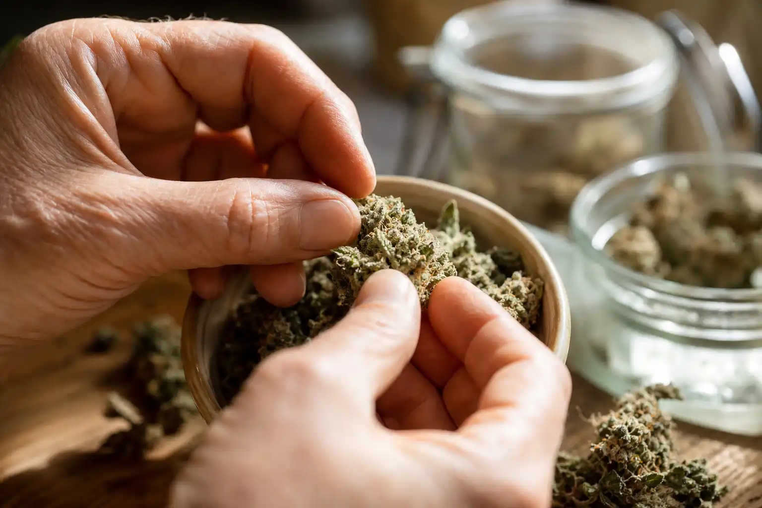 Des mains examinent un objet, autour de bienfaits thérapeutiques cbd, dans une cuisine.