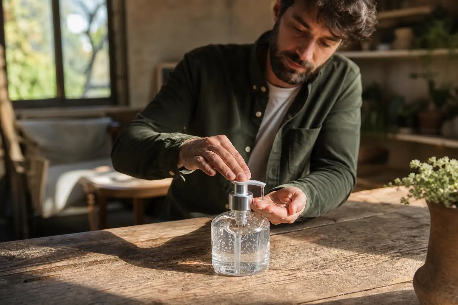 Quelqu'un dose quelque chose, autour de gel naturel désinfectant, près d'une table en bois.