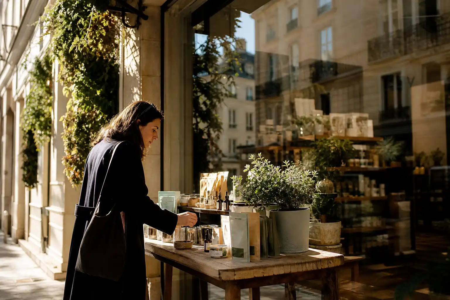 Quelqu'un examine un objet, autour de boutiques cbd paris, près d'une table en bois.