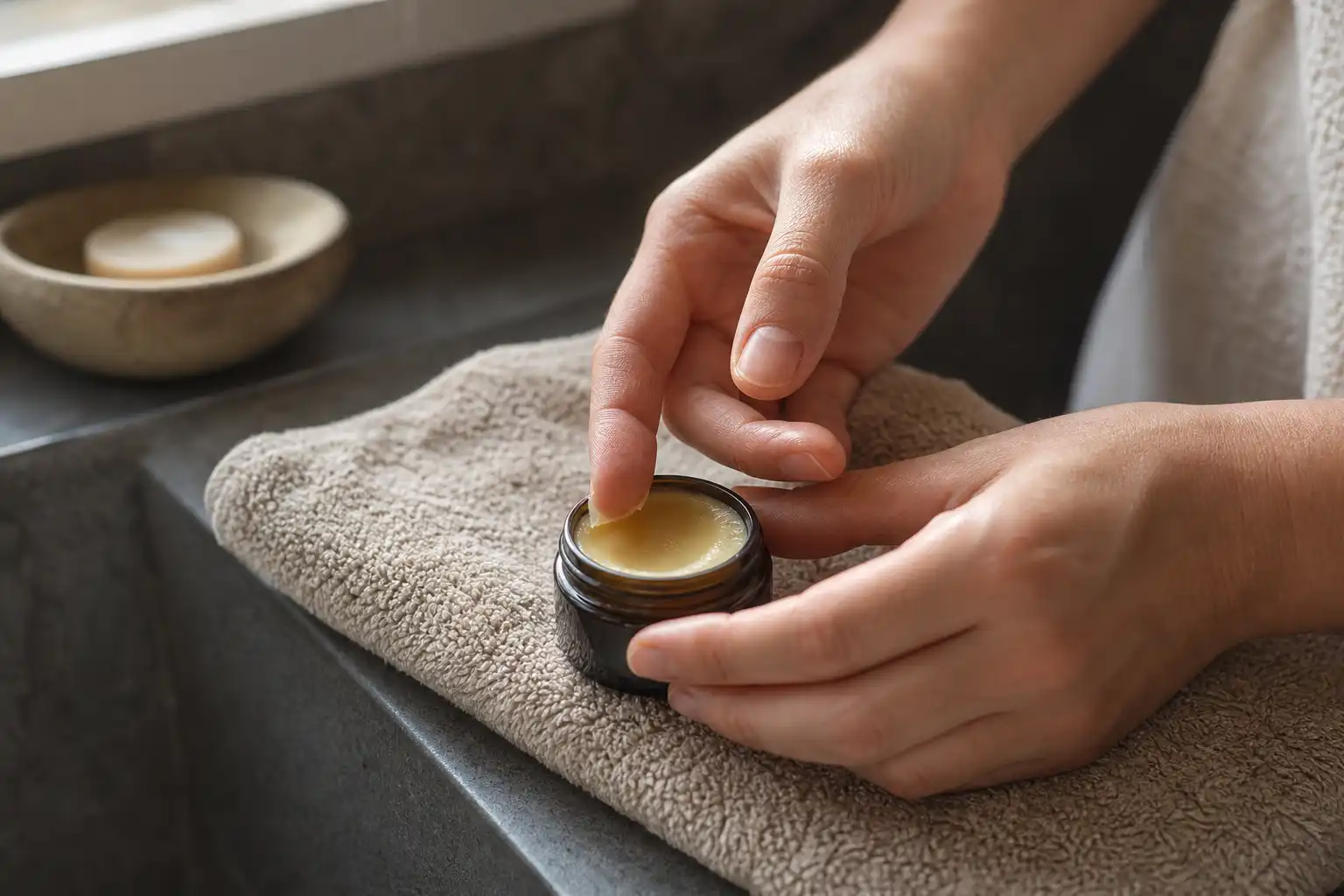Des mains disposent un objet, autour de sensiness cbd pensé, dans une salle de bain.