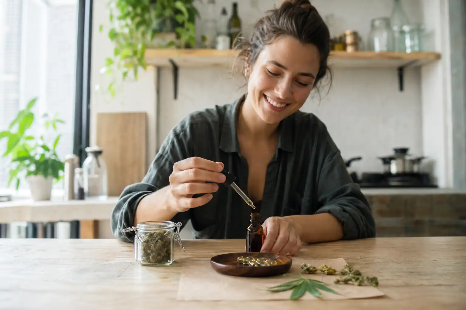 Quelqu'un dispose un objet, autour de cbd drogue médicament, dans une cuisine.