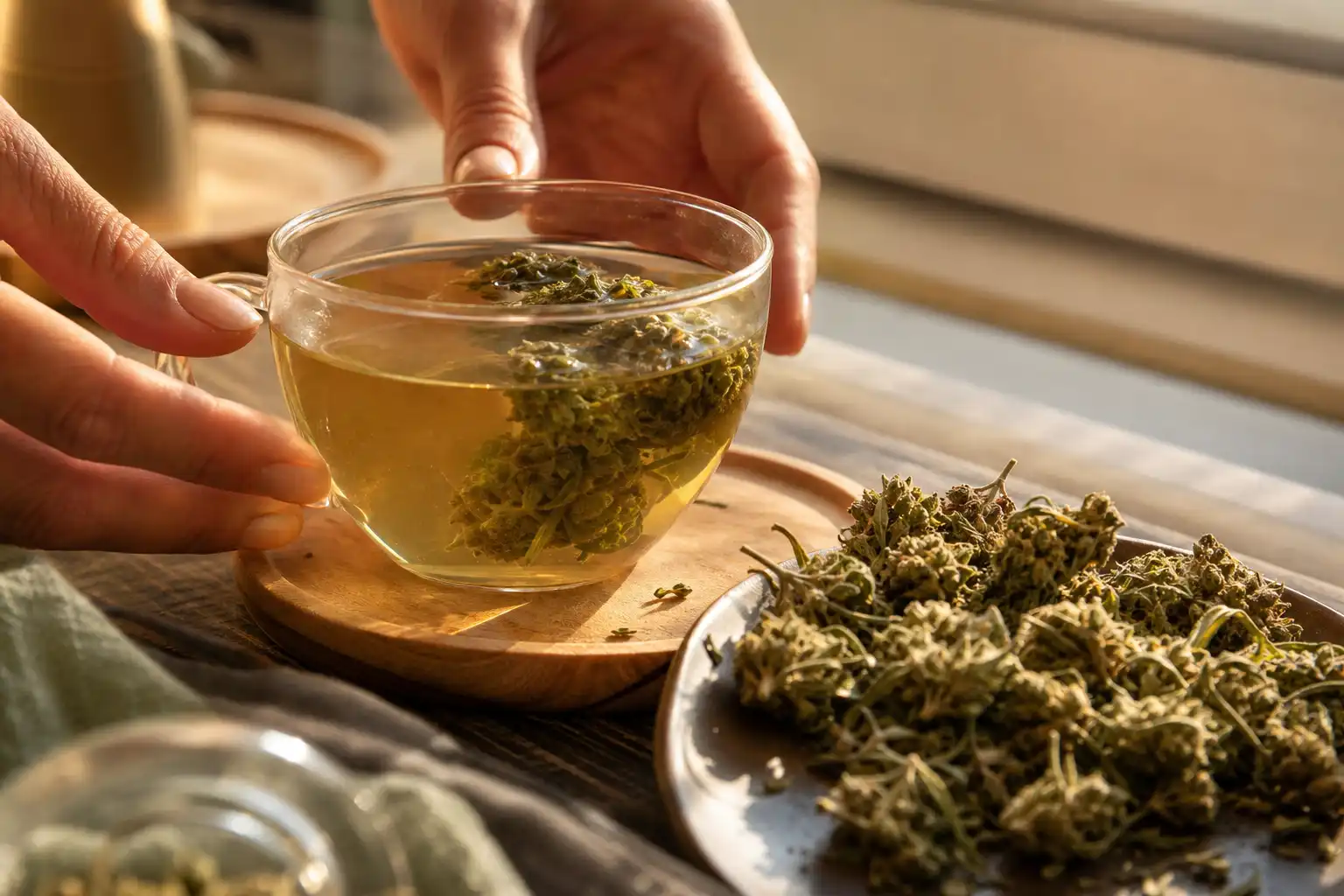 Des mains disposent un objet, autour d'une infusion de chanvre et ses fleurs séchées, près d'une fenêtre.