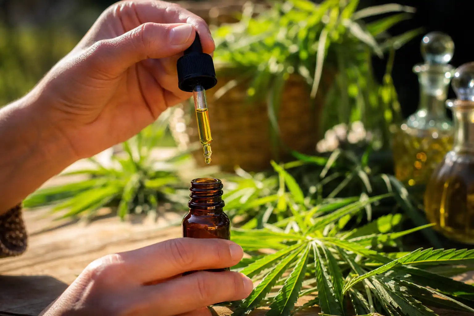Des mains dosent quelque chose, autour d'effets bienfaits cbd, dans un jardin.