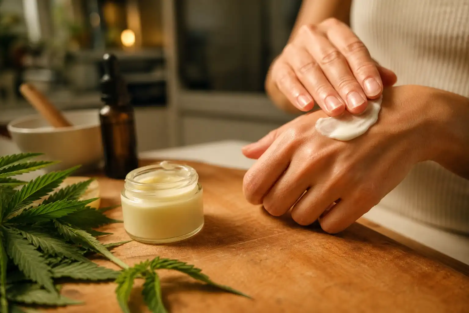 Des mains disposent un objet, autour de cbd cosmétiques avantages, dans une cuisine.