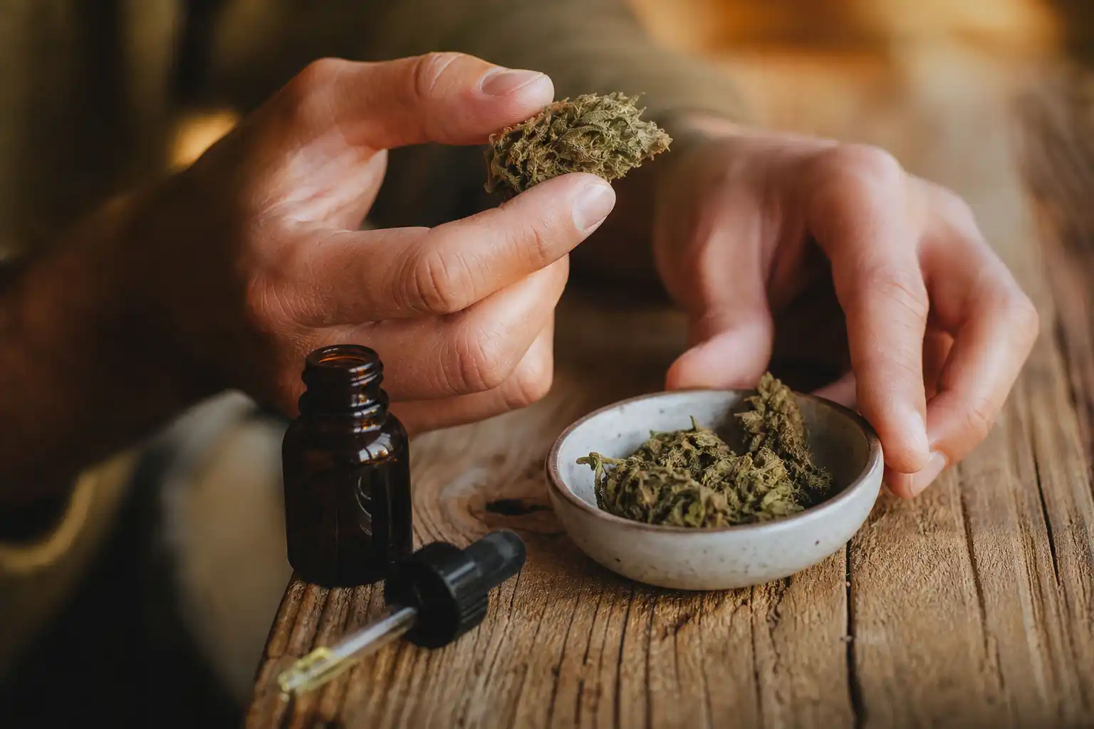 Des mains disposent un objet, autour de cbd quotidien usages, près d'une table en bois.