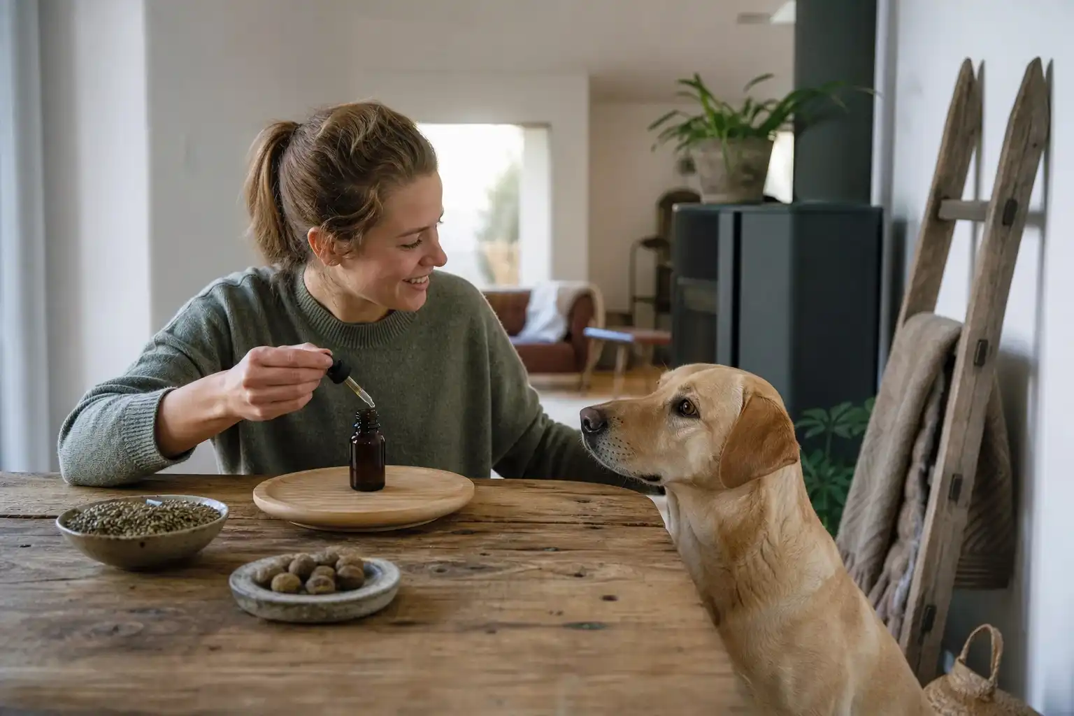 Quelqu'un dispose un objet, autour de cbd animaux avant, près d'une table en bois.