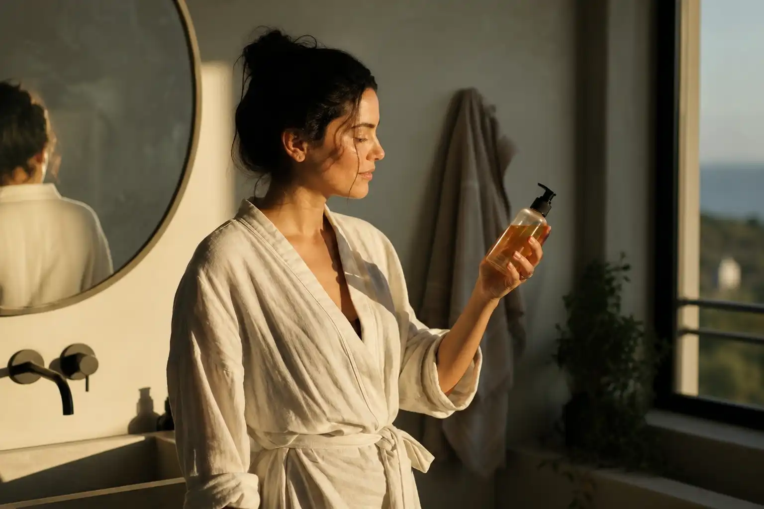 Quelqu'un examine un objet, autour de lubrifiant cbd amour, dans une salle de bain.