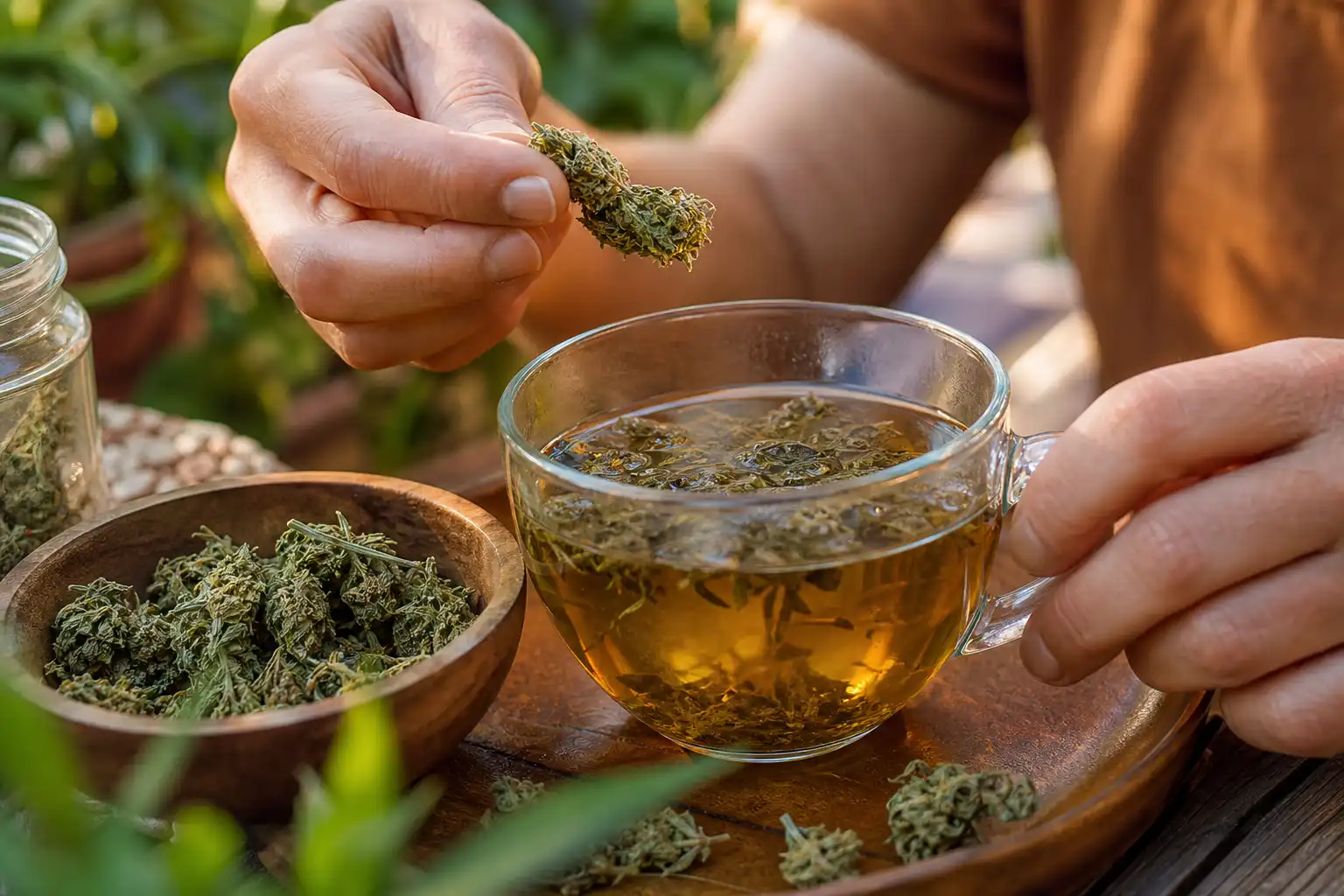 Des mains examinent un objet, autour d'une infusion de chanvre et ses fleurs séchées, dans un jardin.