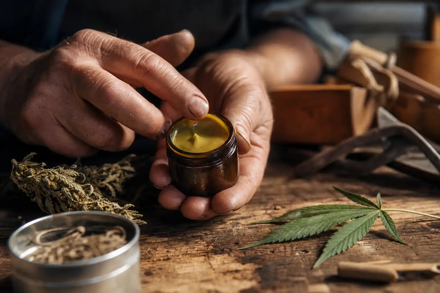 Des mains examinent un objet, autour de cbd contre douleurs, dans un atelier.