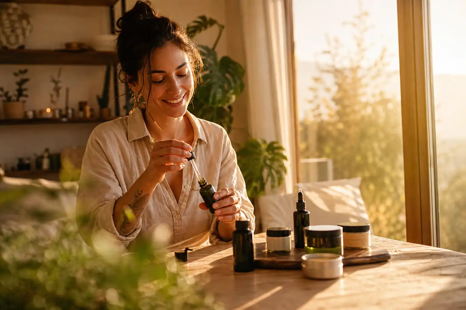 Quelqu'un dispose un objet, autour de produits beauté cbd, près d'une fenêtre.