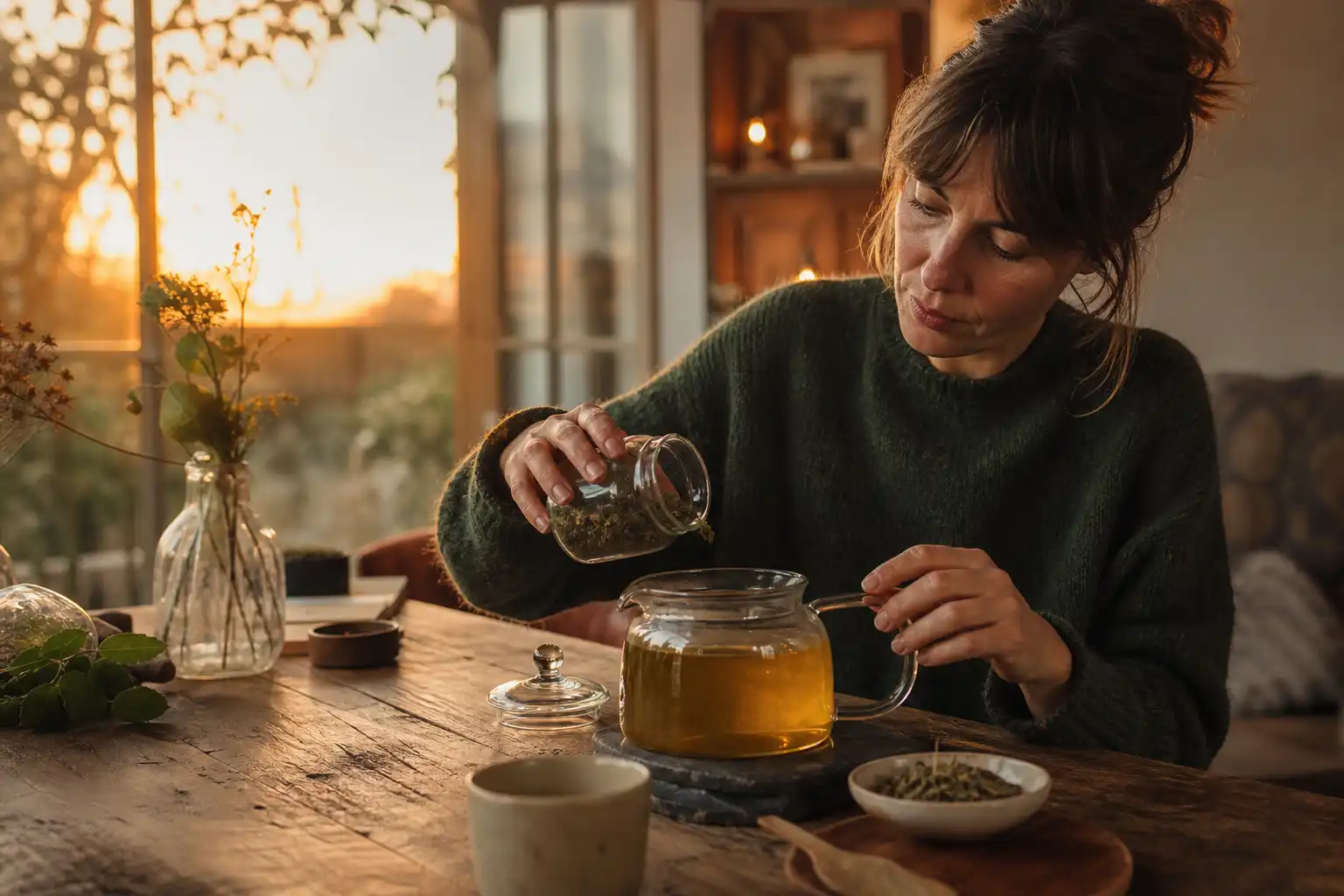 Quelqu'un prépare quelque chose, autour de boisson cbd thé, près d'une table en bois.